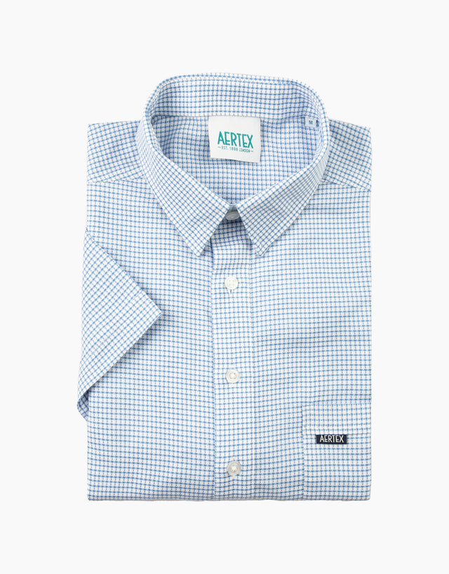 Aertex Taunton Blue Micro Check Short Sleeve Polo Shirt