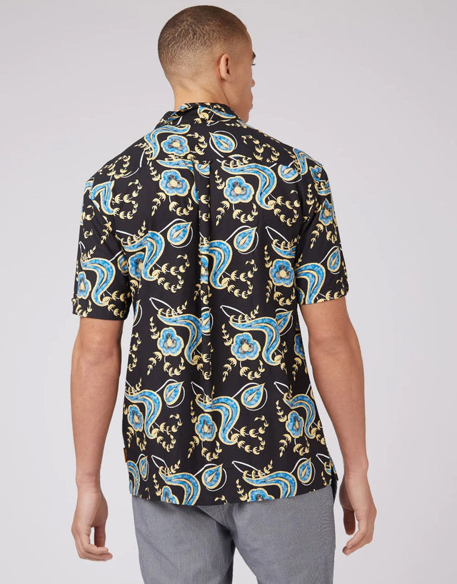 Ben Sherman Block Floral Print Black Short Sleeve Shirt