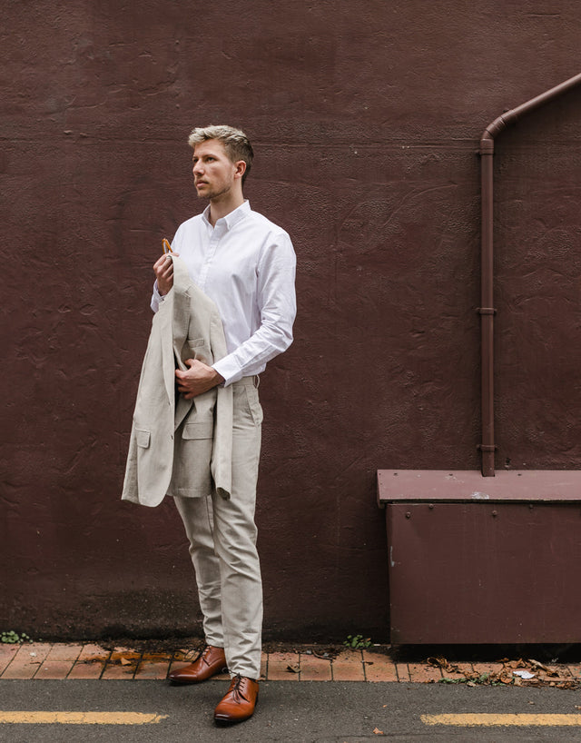 Enz Beige Check Linen Blend Trouser