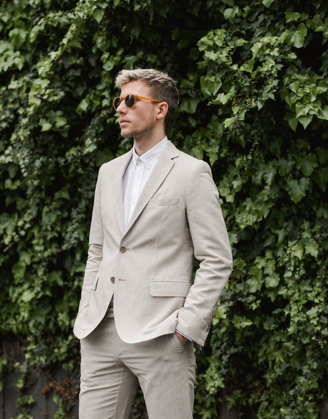 Enz Beige Check Linen Blend Trouser