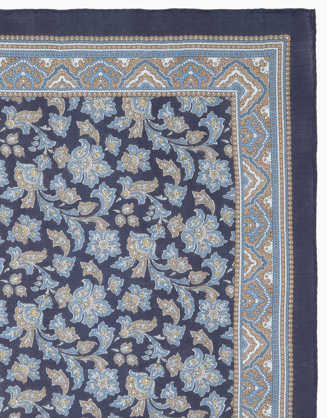 Navy & Brown Floral Paisely Pocket Square