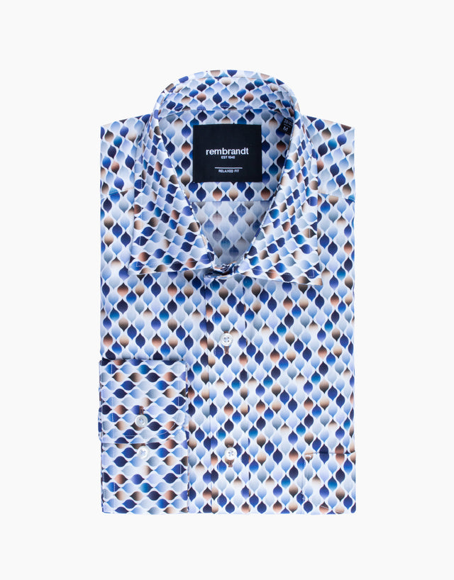 Sinatra White Blue & Beige Geo Print Shirt