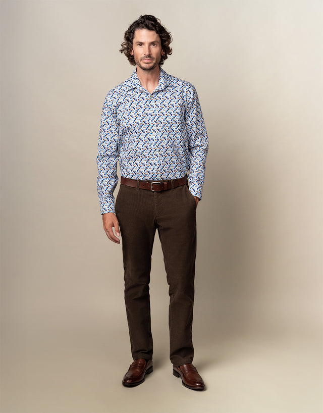 Sinatra White Blue & Beige Geo Print Shirt