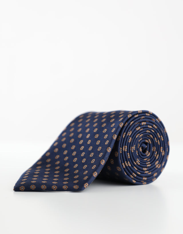 Navy & Brown Floral Geometric Silk Tie
