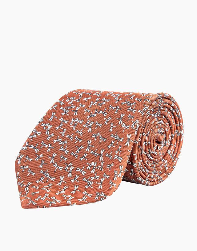 Burnt Orange & White Dragonfly Silk Tie