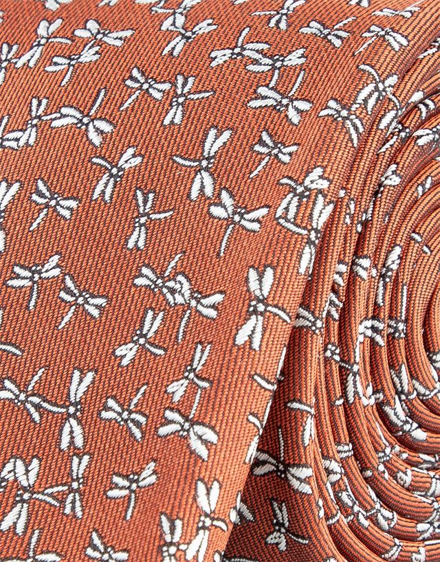 Burnt Orange & White Dragonfly Silk Tie