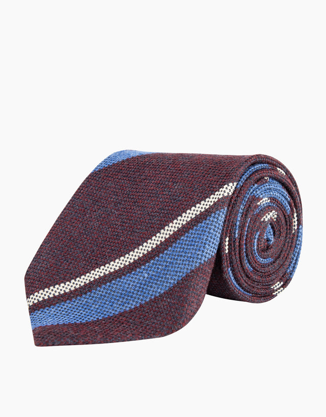 Burgundy Blue & Cream Stripe Silk Wool Tie