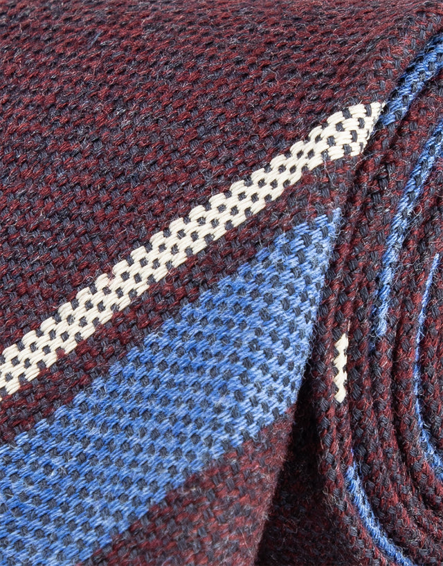 Burgundy Blue & Cream Stripe Silk Wool Tie
