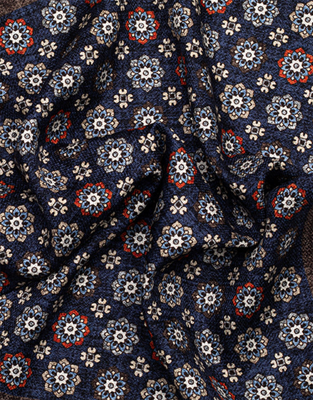 Indigo & Brown Floral Geometric Reversible Pocket Square
