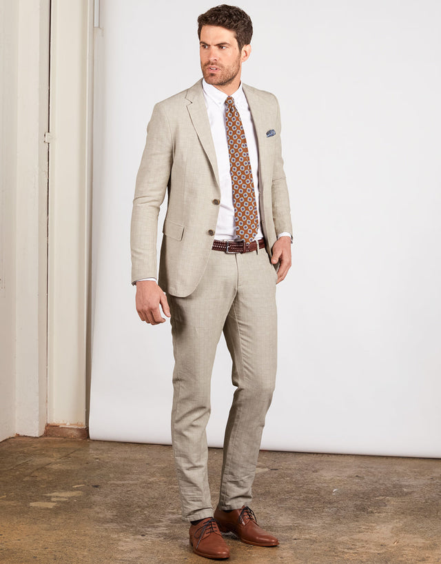 Enz Beige Check Linen Blend Trouser